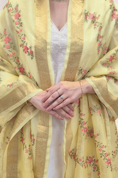 Aroha Floral Thread Embroidered Tasseled Dupatta - Yellow