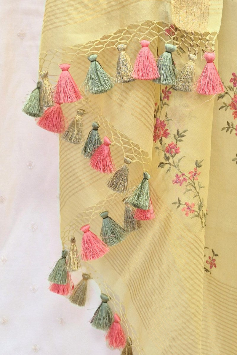Aroha Floral Thread Embroidered Tasseled Dupatta - Yellow