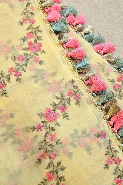 Aroha Floral Thread Embroidered Tasseled Dupatta - Yellow