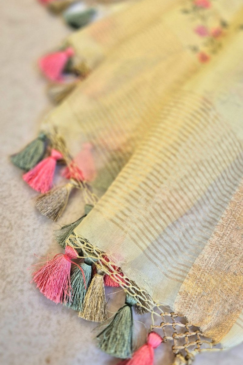 Aroha Floral Thread Embroidered Tasseled Dupatta - Yellow