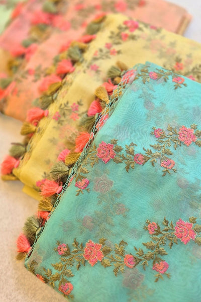 Aroha Floral Thread Embroidered Tasseled Dupatta - Green