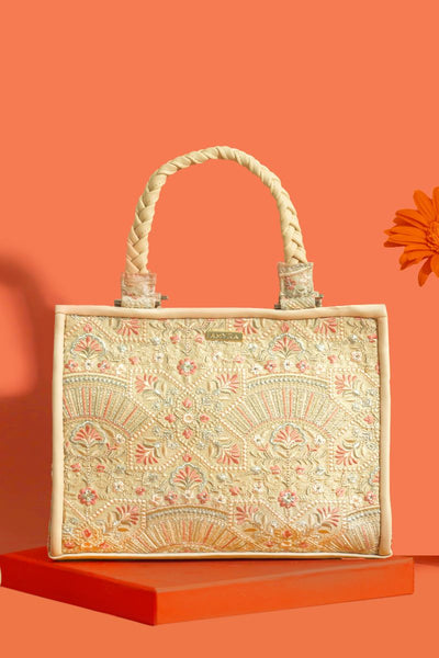 Astra thread embroidered Handbag - Beige