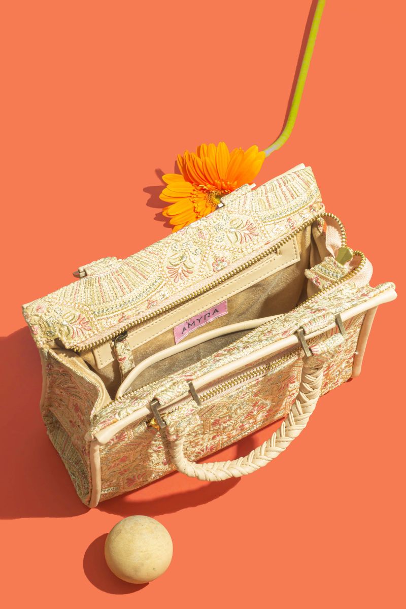 Astra thread embroidered Handbag - Beige