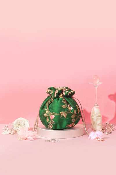 Athena Embroidered Round Potli - Green