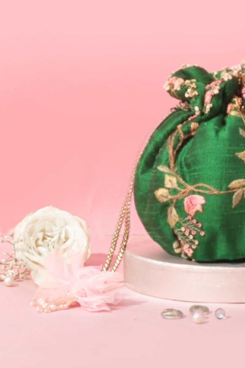 Athena Embroidered Round Potli - Green