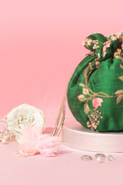 Athena Embroidered Round Potli - Green
