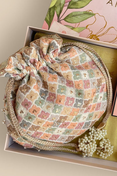 Mother's Day Hamper - Aza Pastel Embroidered Potli White - Care Box
