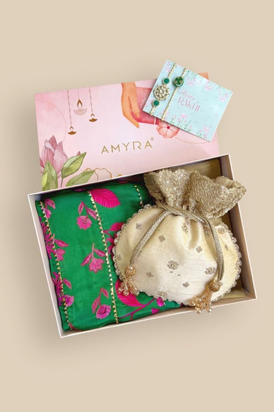 Rakhi Hamper - Azai Potli & Madhura Dark Green Dupatta Box