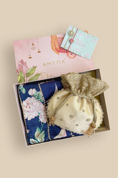 Rakhi Hamper - Azai Potli - Beige & Madhura Blue Dupatta Box