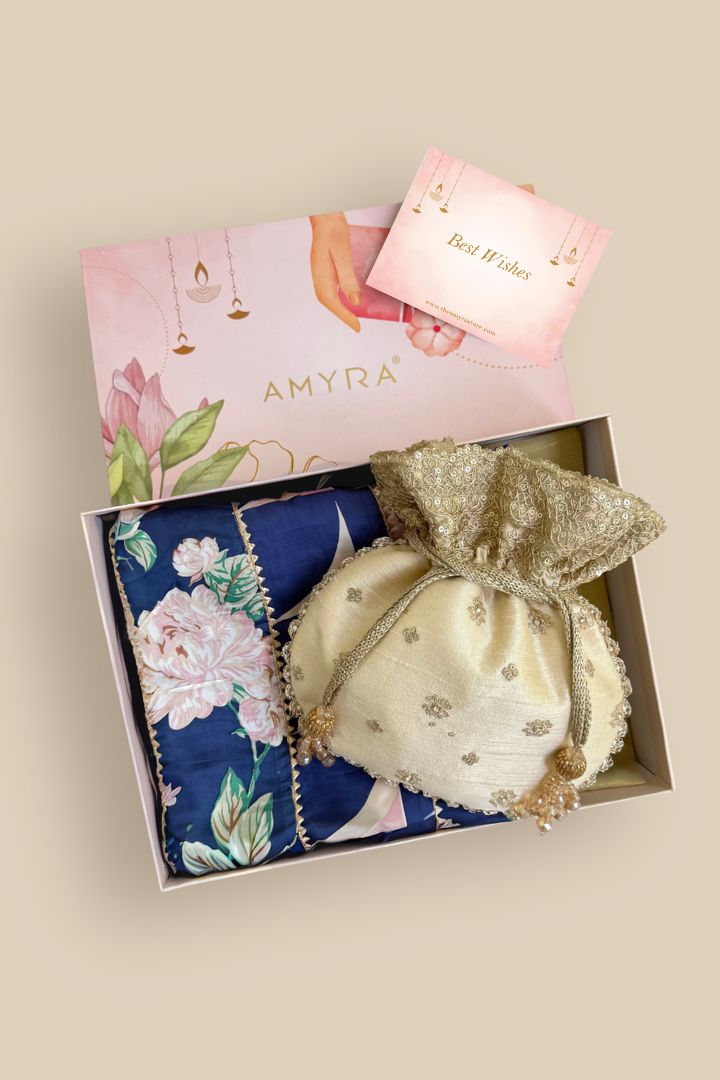 Gift Hamper - Azai Potli - Beige & Madhura Blue Dupatta Box
