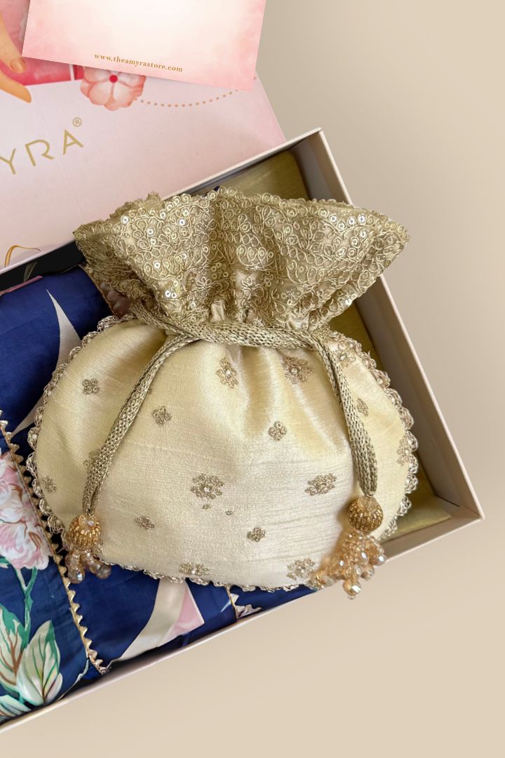 Gift Hamper - Azai Potli - Beige & Madhura Blue Dupatta Box
