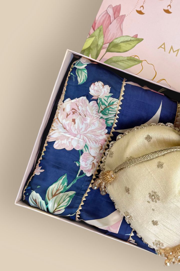 Gift Hamper - Azai Potli - Beige & Madhura Blue Dupatta Box