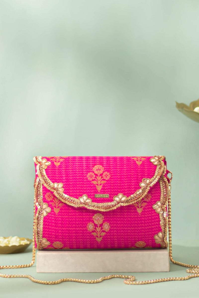 Baahar Pure Silk Flapover Clutch - Pink