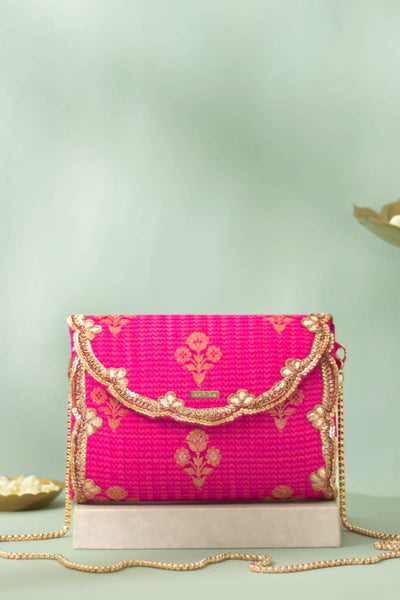 Baahar Pure Silk Flapover Clutch - Pink