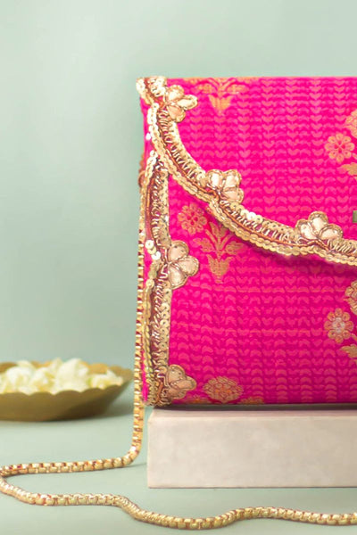 Baahar Pure Silk Flapover Clutch - Pink