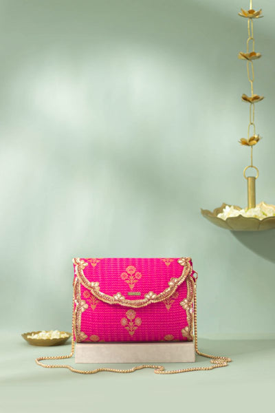 Baahar Pure Silk Flapover Clutch - Pink