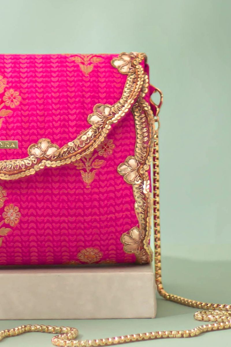 Baahar Pure Silk Flapover Clutch - Pink