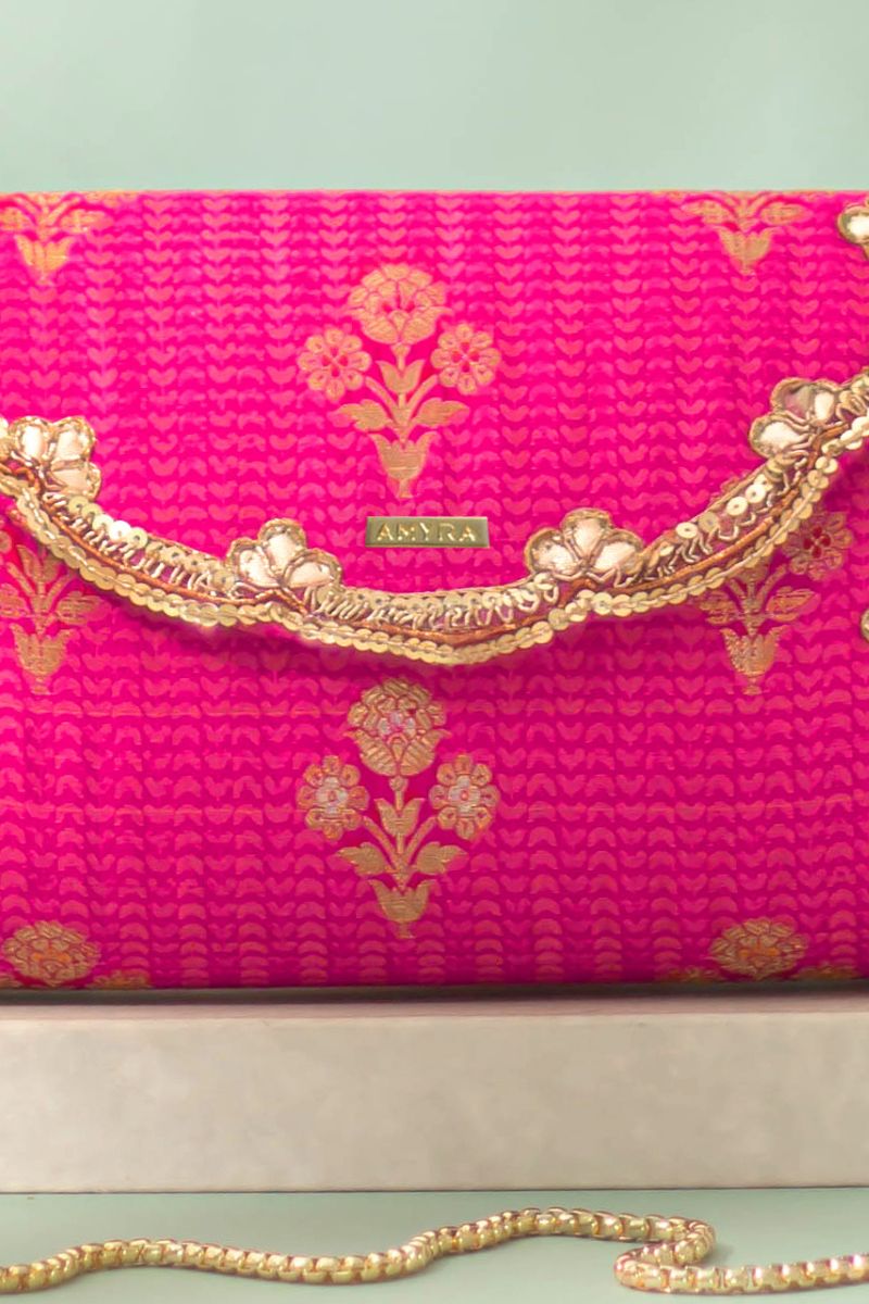 Baahar Pure Silk Flapover Clutch - Pink