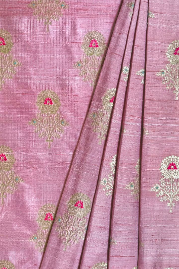 Bunaai Handwoven Raw Silk Light Gold Zari Fabric - Pink
