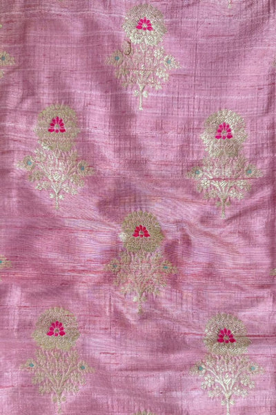 Bunaai Handwoven Raw Silk Light Gold Zari Fabric - Pink