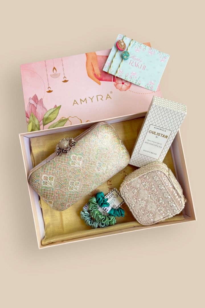 Rakhi Hamper - Chakori Pure Banarasi Silk Box Clutch - Multi color - Care & Accessory Box
