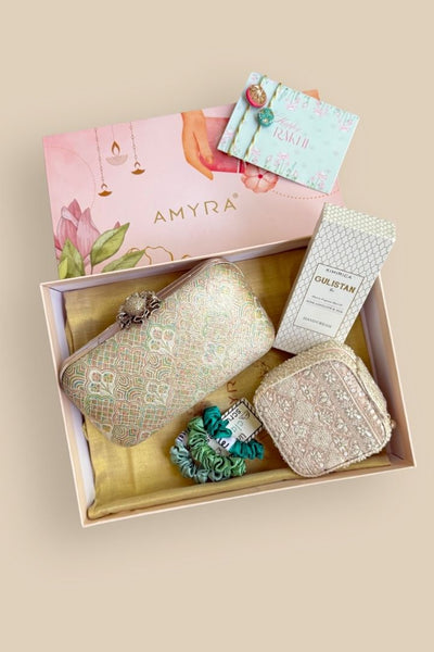 Rakhi Hamper - Chakori Pure Banarasi Silk Box Clutch - Multi color - Care & Accessory Box