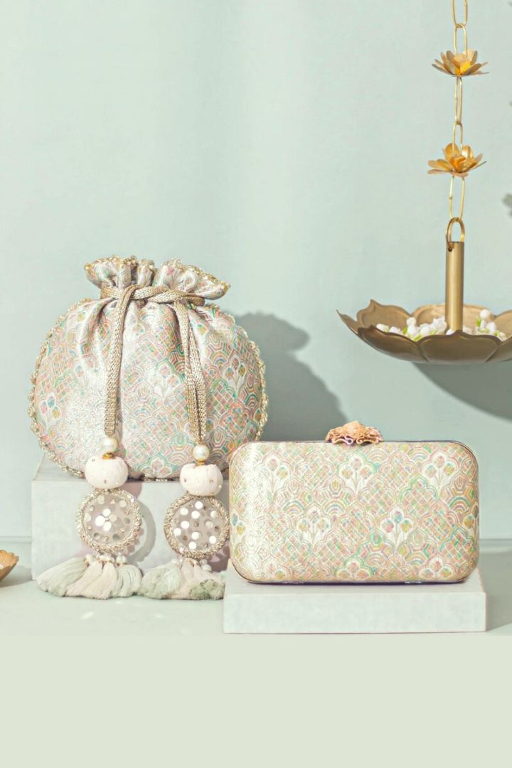 Chakori Pure Banarasi Silk Box Clutch - Multicolor