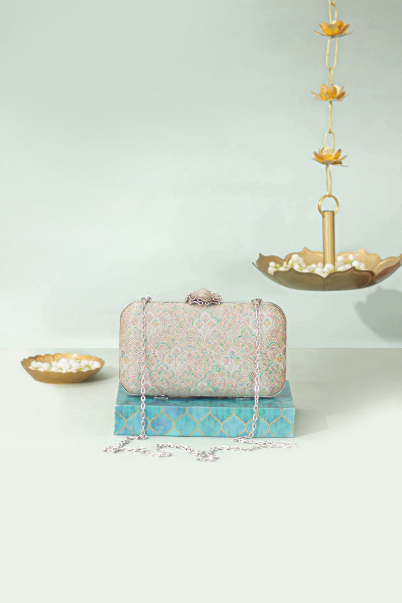 Chakori Pure Banarasi Silk Box Clutch - Multicolor