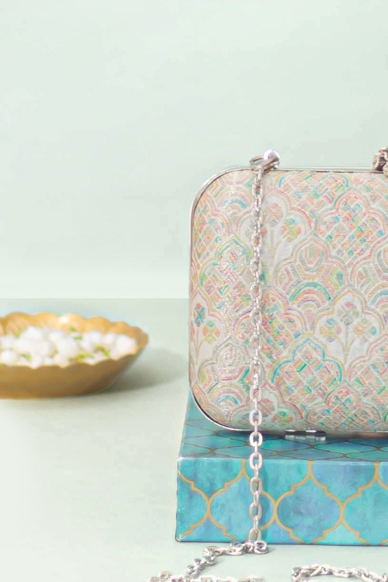 Chakori Pure Banarasi Silk Box Clutch - Multicolor
