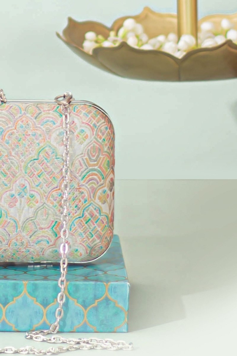 Chakori Pure Banarasi Silk Box Clutch - Multicolor