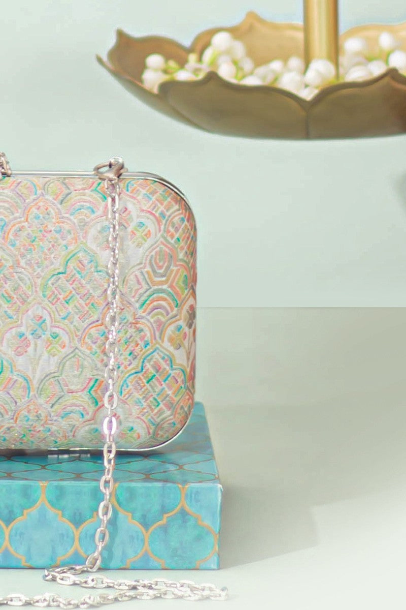 Chakori Pure Banarasi Silk Box Clutch - Multicolor