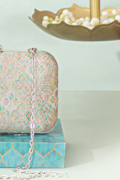 Chakori Pure Banarasi Silk Box Clutch - Multicolor