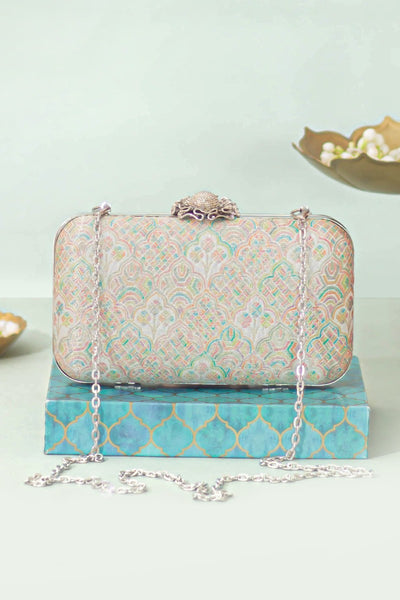 Chakori Pure Banarasi Silk Box Clutch - Multicolor