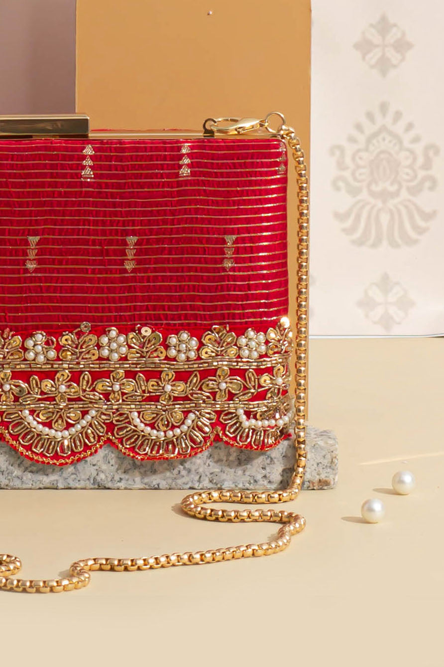 Tari silk Box Clutch - Deep Red