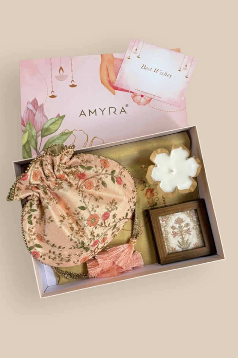 Diwali Gift Hamper - Floral Creeper Peach potli - Home & Candle Box