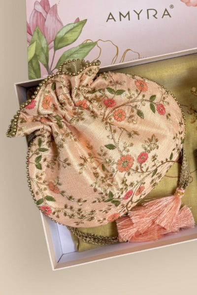 Diwali Gift Hamper - Floral Creeper Peach potli - Home & Candle Box