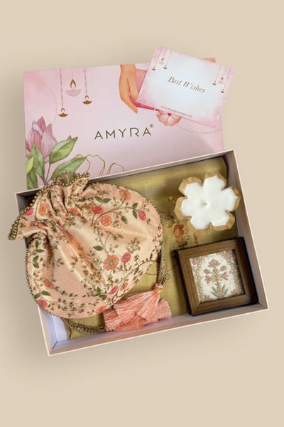 Diwali Gift Hamper - Floral Creeper Peach potli - Home & Candle Box
