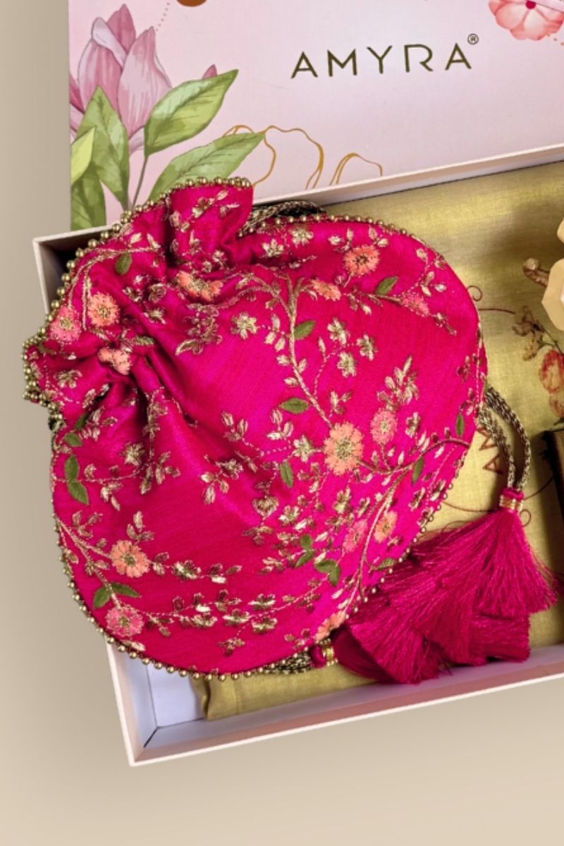 Diwali Gift Hamper - Floral Creeper Pink potli - Home & Candle Box