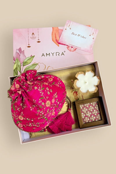Diwali Gift Hamper - Floral Creeper Pink potli - Home & Candle Box