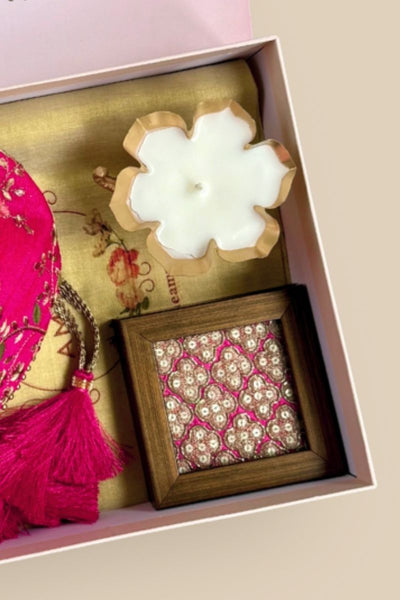 Diwali Gift Hamper - Floral Creeper Pink potli - Home & Candle Box