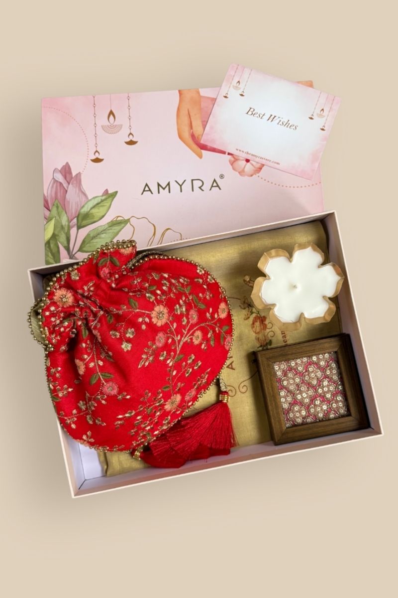Diwali Gift Hamper - Floral Creeper Red potli - Home & Candle Box