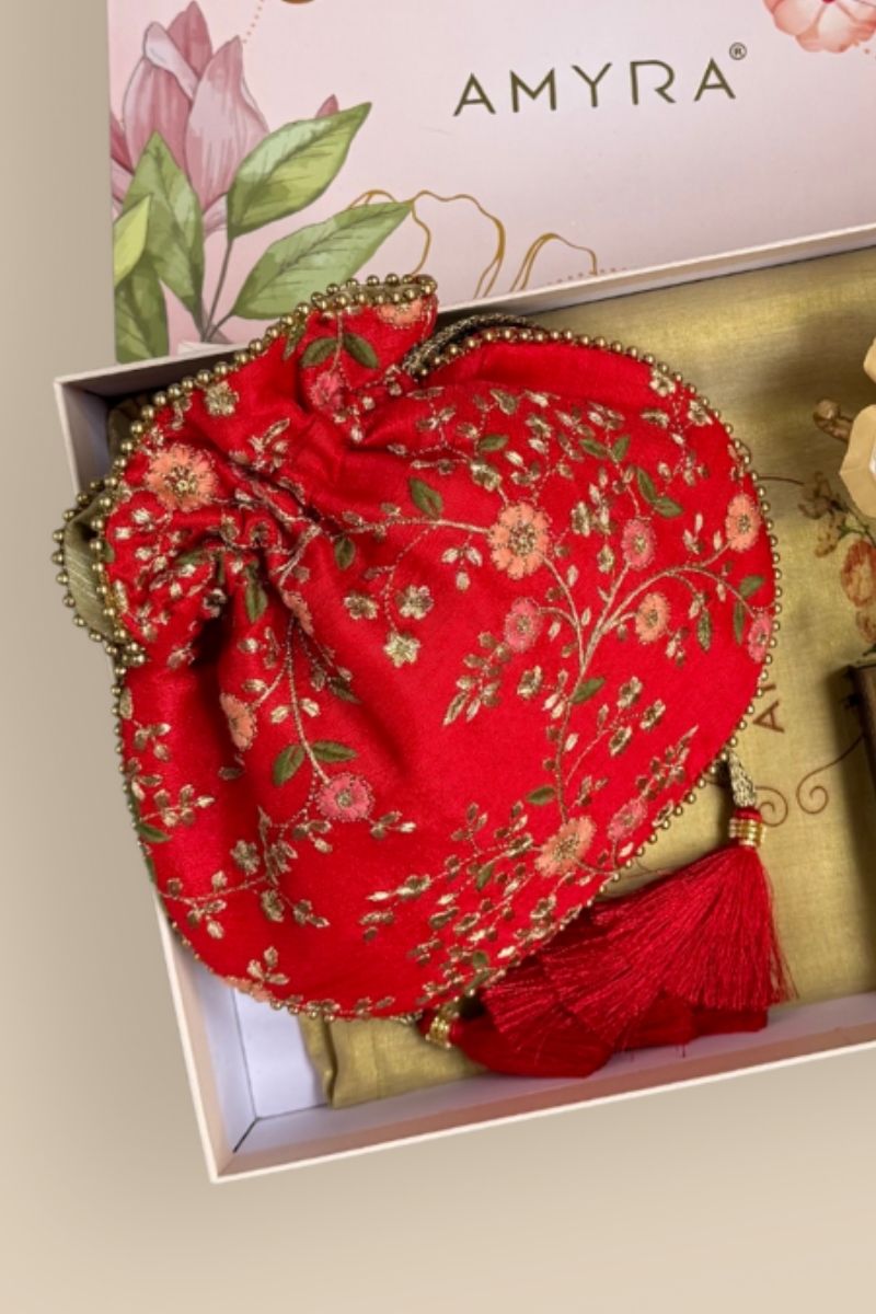 Diwali Gift Hamper - Floral Creeper Red potli - Home & Candle Box