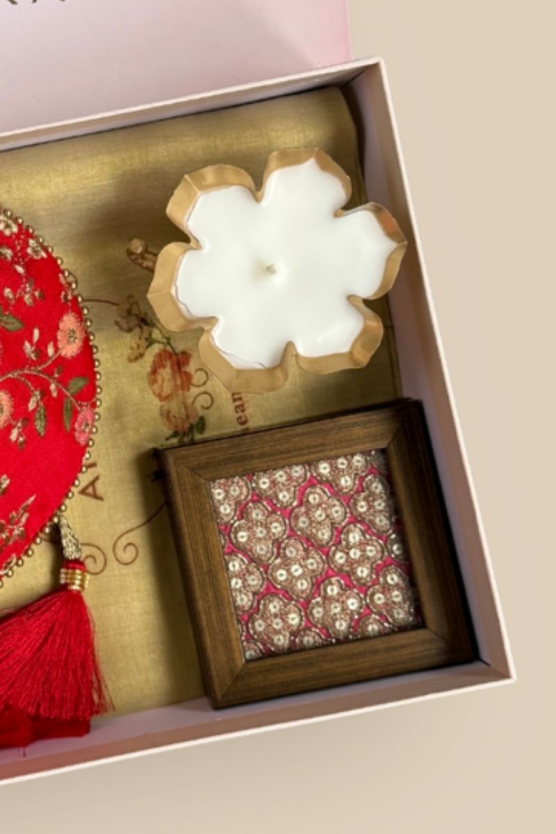 Diwali Gift Hamper - Floral Creeper Red potli - Home & Candle Box