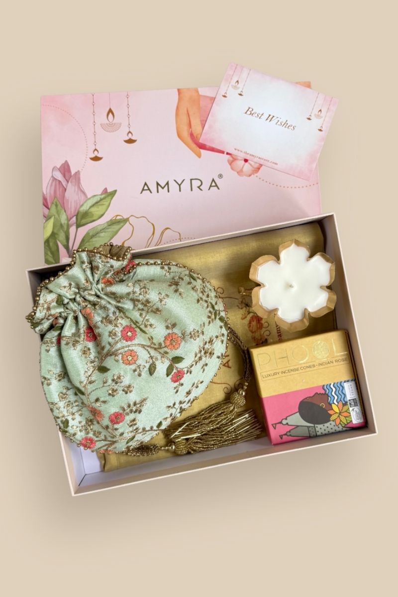 Diwali Gift Hamper - Floral Creeper Mint potli - Fragrance & Candle Box