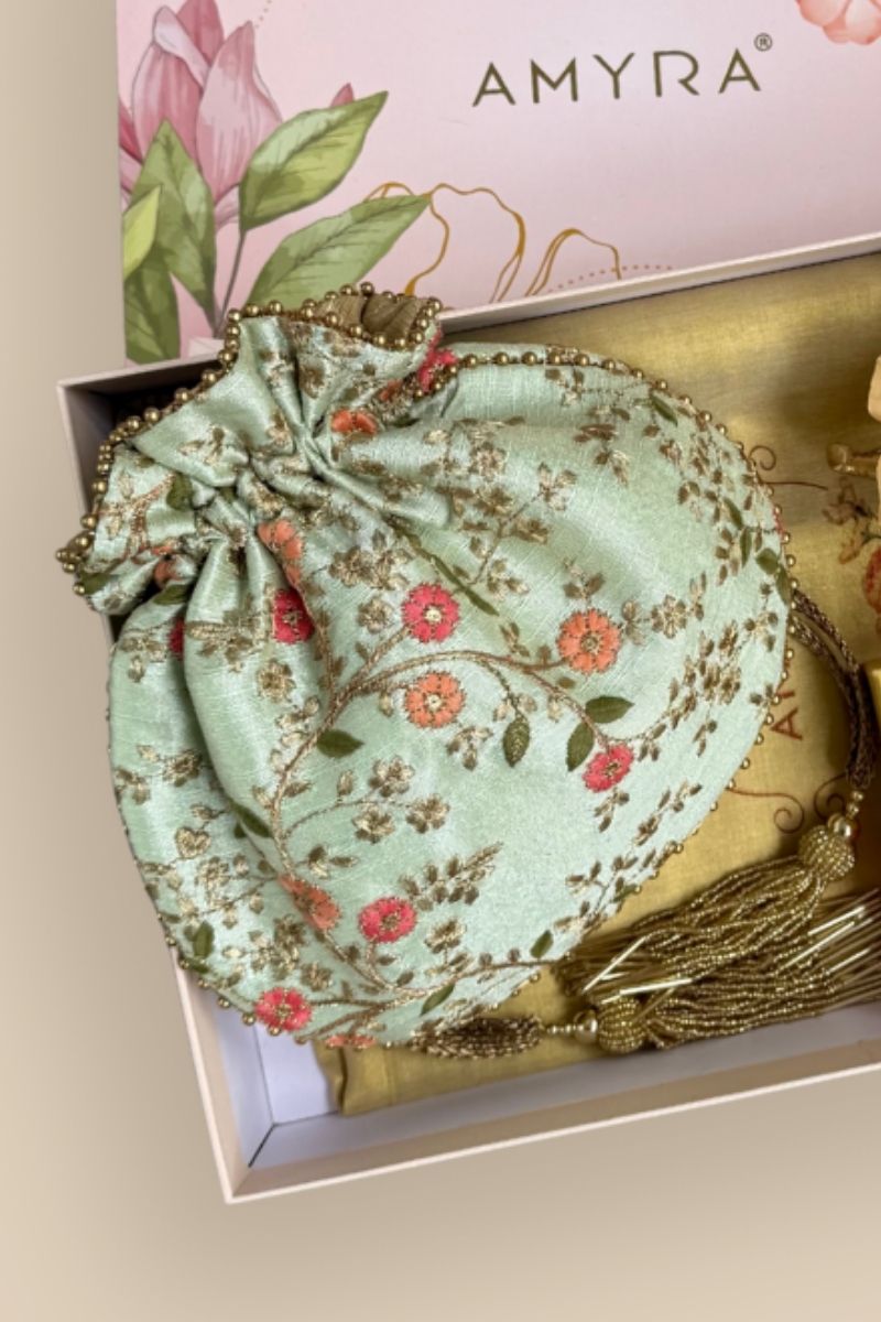 Diwali Gift Hamper - Floral Creeper Mint potli - Fragrance & Candle Box