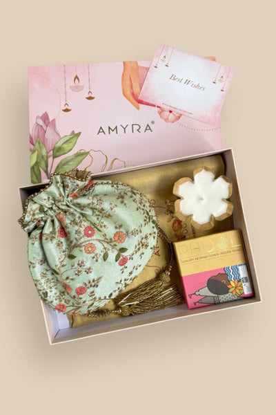 Diwali Gift Hamper - Floral Creeper Mint potli - Fragrance & Candle Box