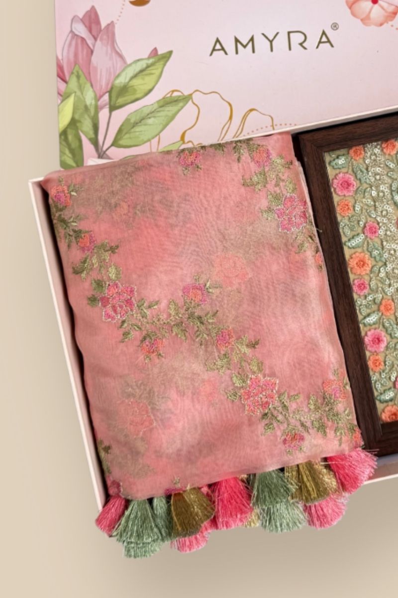 Diwali Hamper - Aroha Coral Dupatta & Home Box