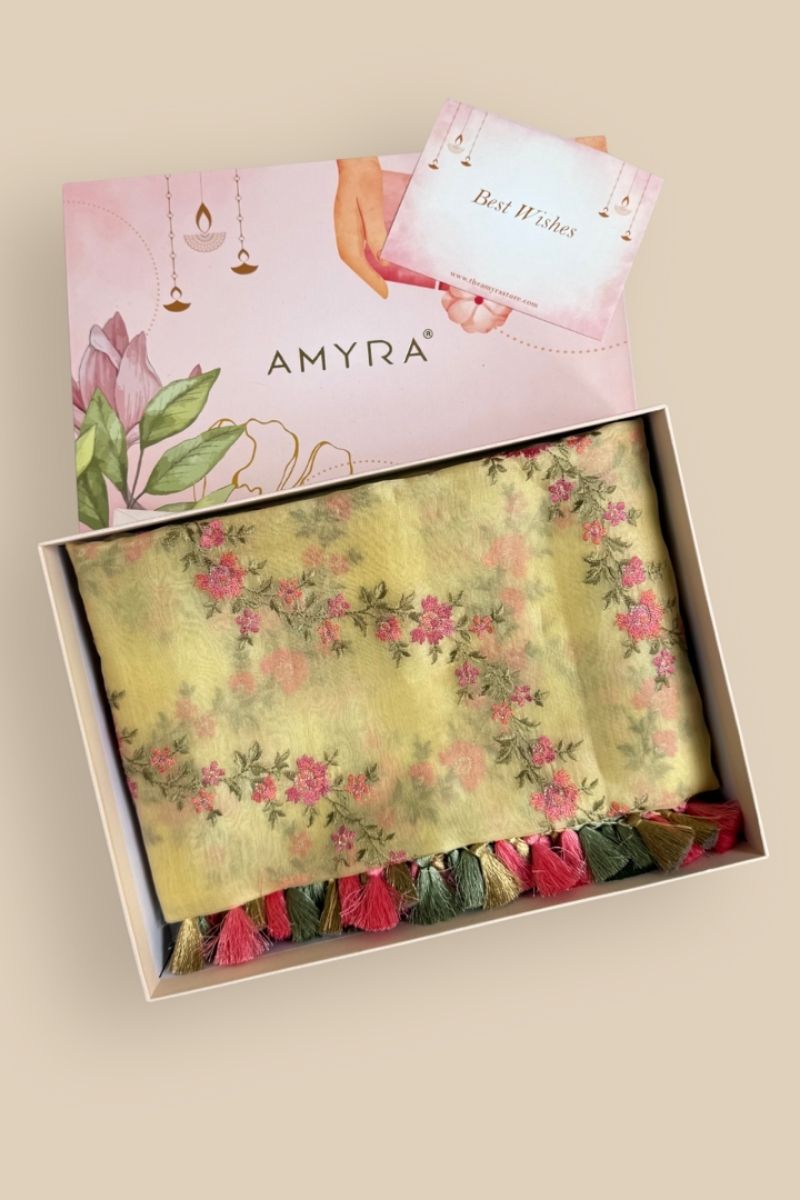 Diwali Hamper - Aroha Yellow Dupatta & Home Box