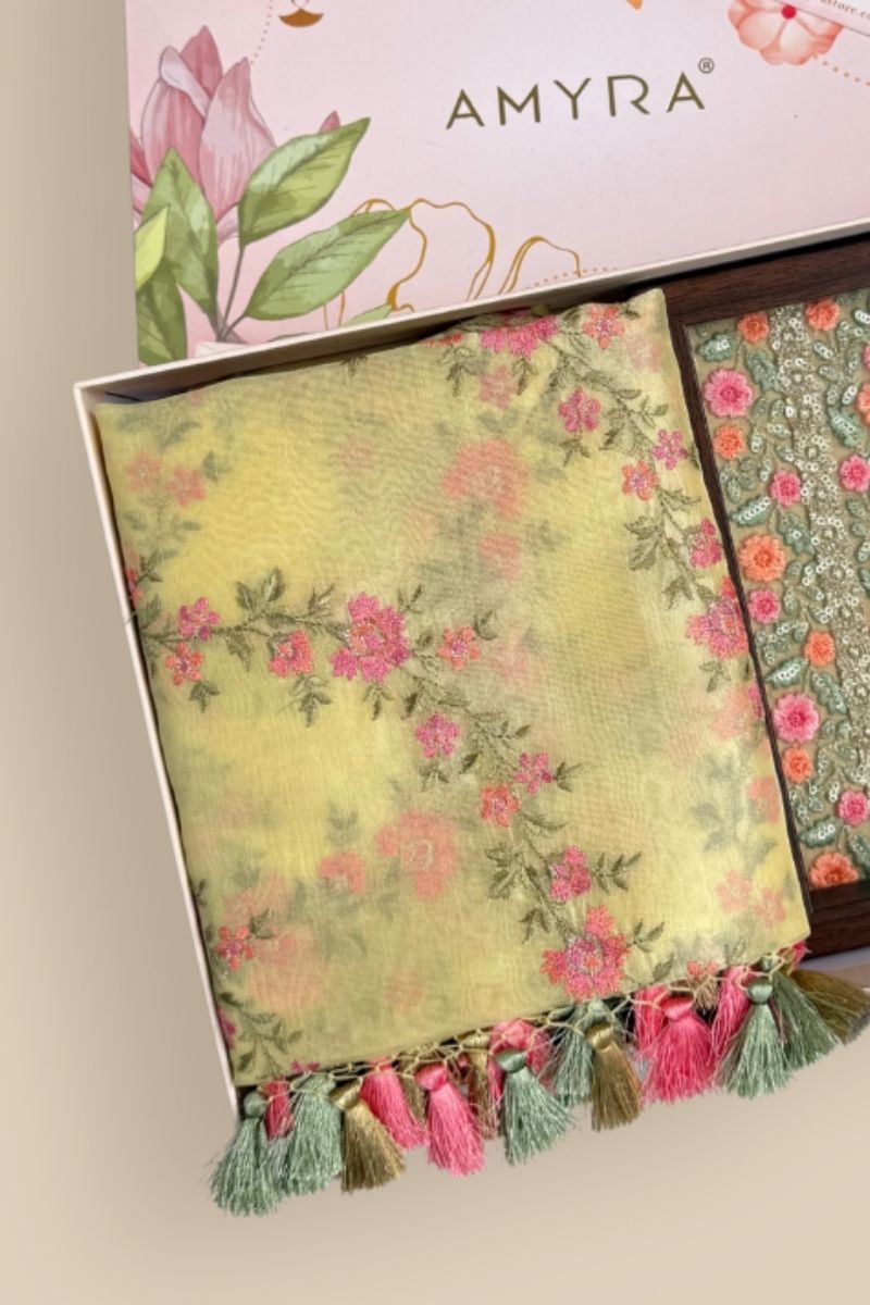 Diwali Hamper - Aroha Yellow Dupatta & Home Box