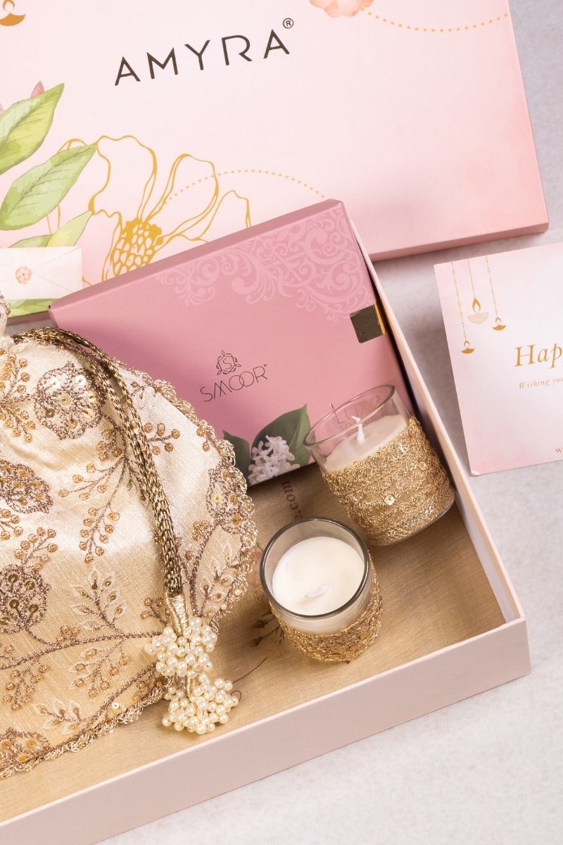 AMYRA - Gift Hamper - Cream Scallop Potli - Gourmet and Candle Box